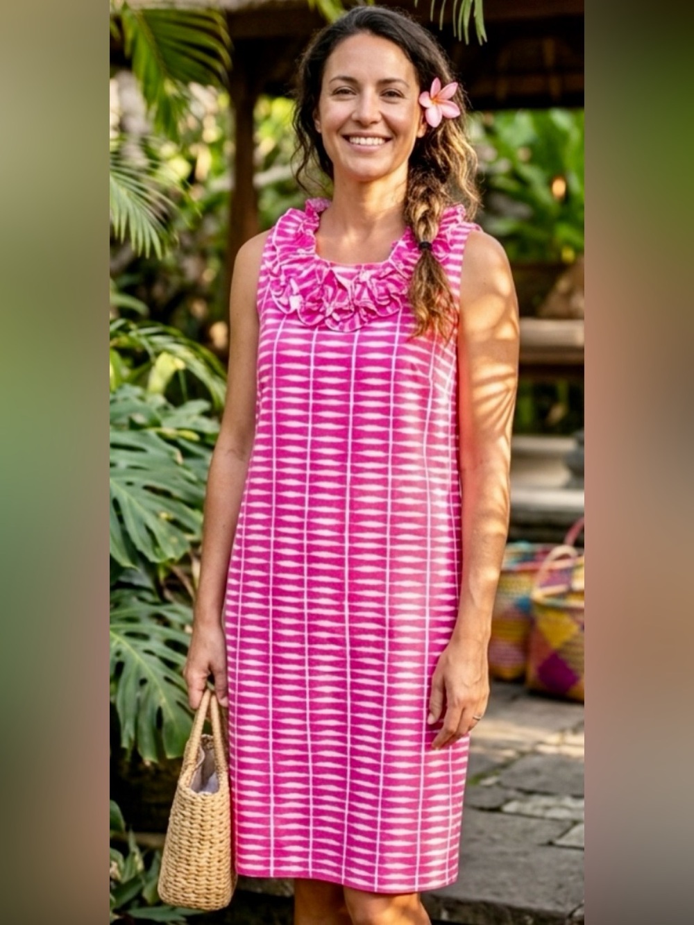 Katherine Way Beautiful Bright Pink and White Shift Dress Size XL Preppy, Bold,
